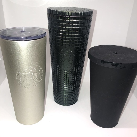 Starbucks Other - Starbucks Tumblers Lot Dark Green Studded Gold Black Lids No Straw Cold Beverage